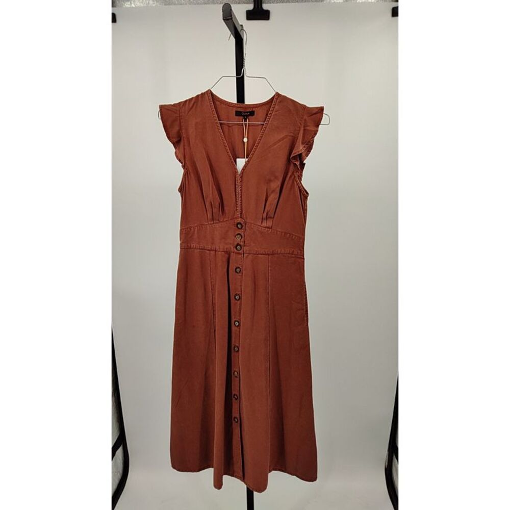 Quince Women Vintage Wash Tencel Button Front Midi Brown Basic Sleeved Dress S